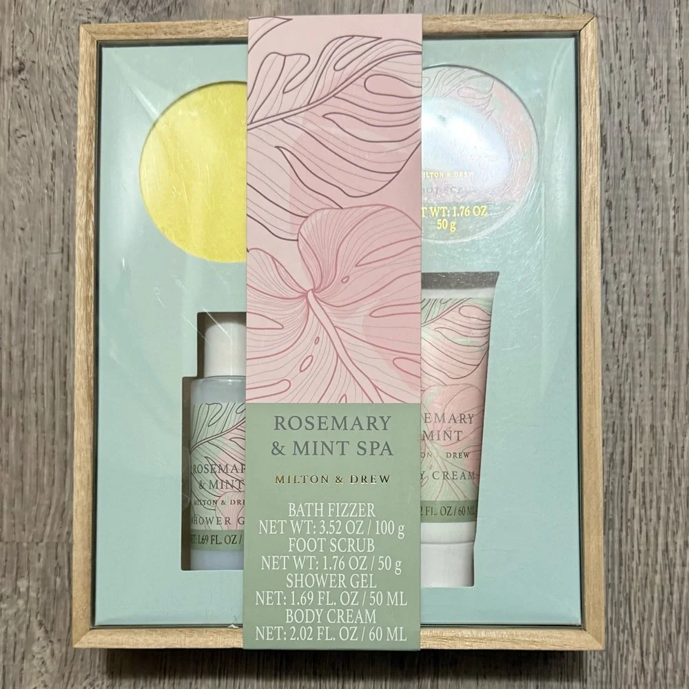 Milton & Drew Rosemary & Mint Spa Gift Set | Wooden Case Bath & Body Bundle